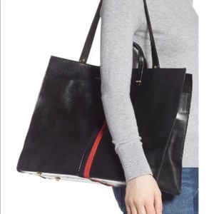 CLARE V. Simple Stripe Perforated Leather Tote. Black w/ Navy and Red Stripe